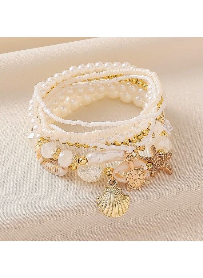 JUMEI 7 Pcs Bohemian Beaded Bracelet Set for Women, Shell & Starfish Beach Bracelets, Stackable Gold Pearl Bracelets, Summer Festival Daily Wear - Image 4